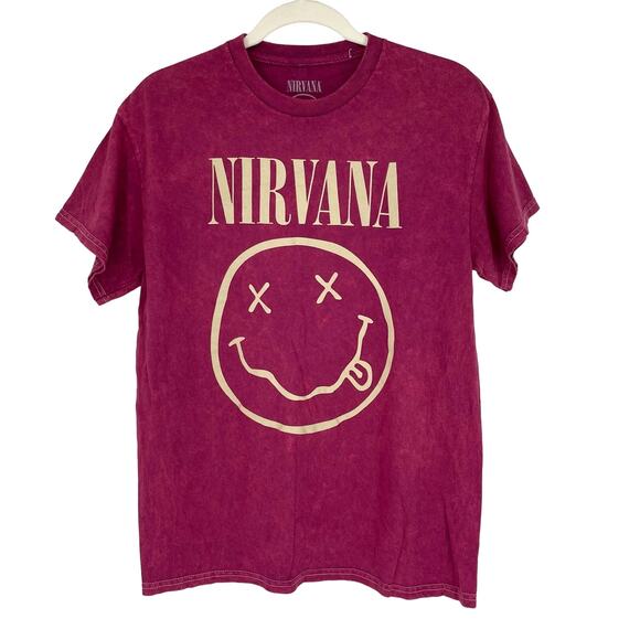 Officially Licensed Nirvana Nevermind Smiley Grunge Tee Magenta Acid Wash Medium - Picture 6 of 6